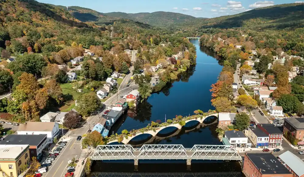 Aerial view of Turners Falls in Franklin County, Massachusetts along the Connecticut River in fall