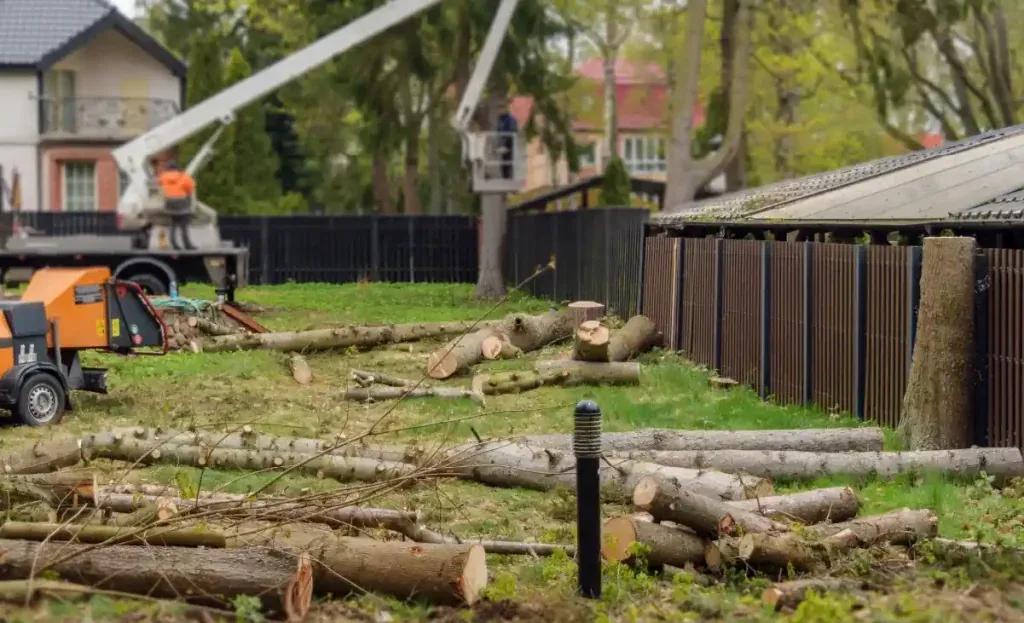 Residential yard cleared during demolition and site preparation with debris removal underway